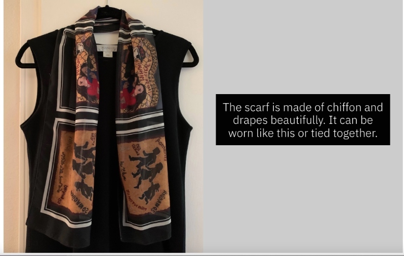 Product Description: Refugee Dilemma Scarfby former Immigration Judge Polly Webber</br></br>This incredible scarf is being offered by former Immigration Judge Polly Webber. The images on the scarf come from three hand-hooked art rugs that she made over the past 3 years to mark her retirement from the bench and her desire to publicize the travesty going on at the southern border. Refugee Dilemma is a triptych of three hand hooked art rugs that tell the story of people fleeing from persecution, getting caught in the “covfefe,” or nonsensical immigration hell, and finally achieving a safe haven. It is a tribute to the hundreds of thousands of people who seek refuge from their places of origin annually all over the world.</br></br>Note:Price includes shipping. For more than 4 products, please contact Maria atmanager@asistahelp.orgbefore placing the order. Thank you!</br> Refugee Dilemma Scarf (by Polly Webber)