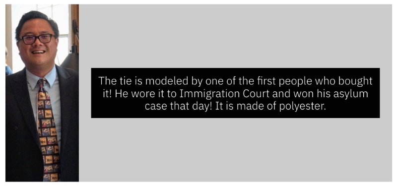 Product Description: Refugee Dilemma Tie by former Immigration Judge Polly Webber</br></br>This incredible tie is being offered by former Immigration Judge Polly Webber. The images on the tie come from three hand-hooked art rugs that she made over the past 3 years to mark her retirement from the bench and her desire to publicize the travesty going on at the southern border. Refugee Dilemma is a triptych of three hand hooked art rugs that tell the story of people fleeing from persecution, getting caught in the “covfefe,” or nonsensical immigration hell, and finally achieving a safe haven. It is a tribute to the hundreds of thousands of people who seek refuge from their places of origin annually all over the world.</br></br>Note:Price includes shipping. For more than 4 products, please contact Maria atmanager@asistahelp.orgbefore placing the order. Thank you!</br> Refugee Dilemma Tie (by Polly Webber)