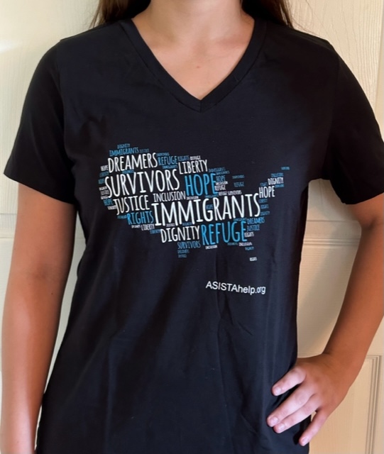 Product Description: We are beyond excited to offer the New ASISTA Map T-Shirt in our Online Store! Get this incredible shirt today and help support immigrant survivors of violence.</br></br>Availablesize: 2 XL (Only 1 left)</br></br>Productdescription:Bella + Canvas Women's Jersey V-Neck T-shirt Black</br></br>Note:Price includes shipping. For more than 4 products, please contact Maria at manager@asistahelp.org before placing the order. Thank you!</br> New ASISTA Map T-Shirt V Neck (Size 2XL)